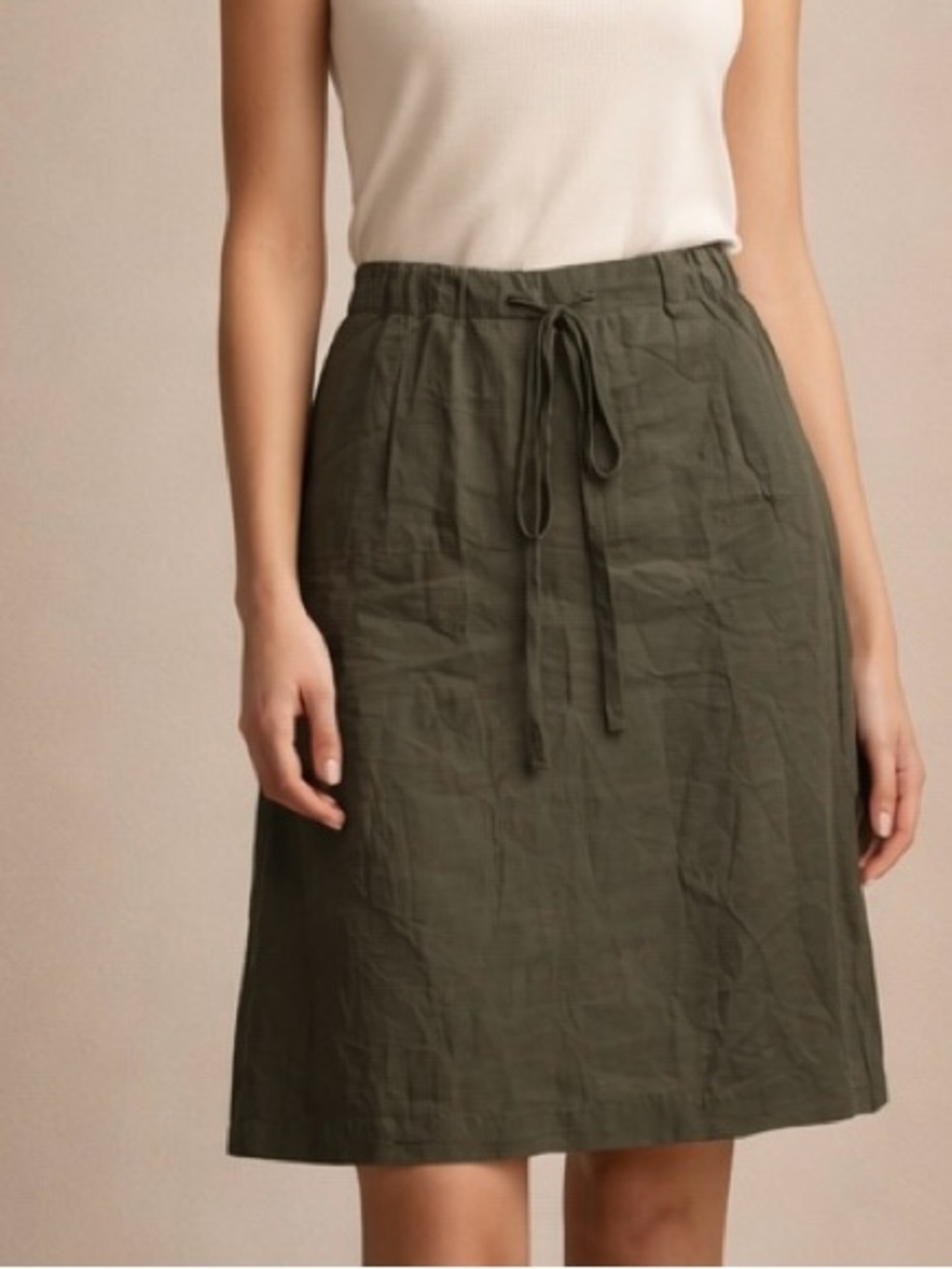 Olive Green Linen Blend Drawstring Skirt Size 12 Casual Chic